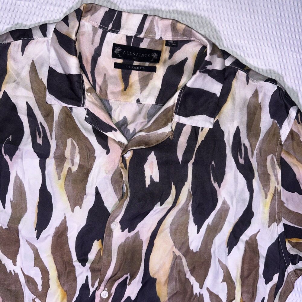 All Saints Shirt Mens 2XL Brown Fuego Hawaiian Relaxed Fit Animal Print Buttonup